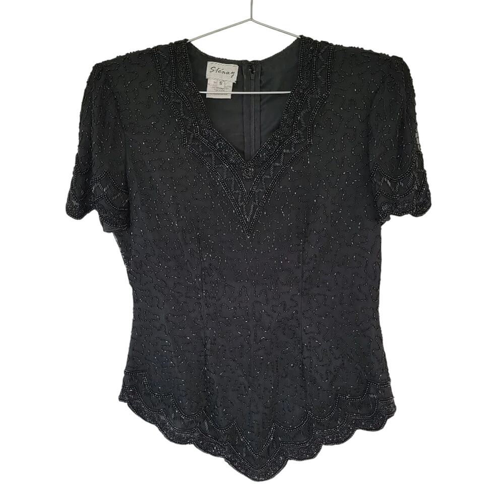 Stenay Vintage Beaded Silk Blouse Black Short Sleeve V Neck Women Size S